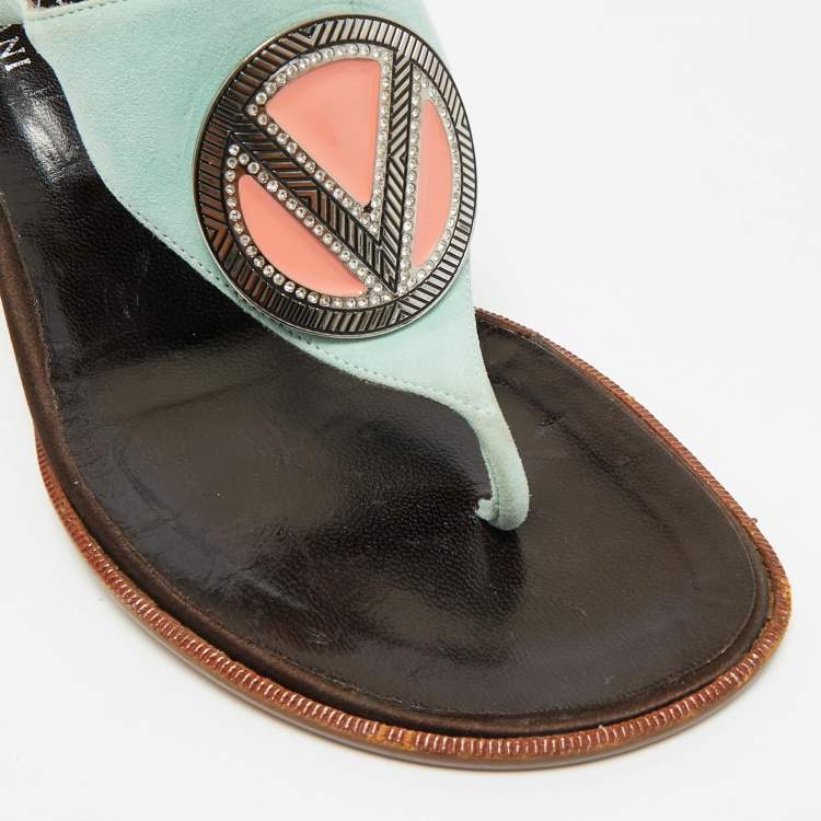 Pre Owned Valentino Size 38 Blue Suede and Leather Crystal Embellished Thong Sandals