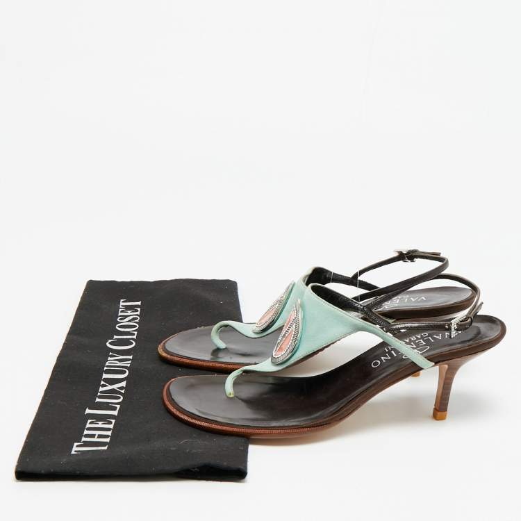 Pre Owned Valentino Size 38 Blue Suede and Leather Crystal Embellished Thong Sandals