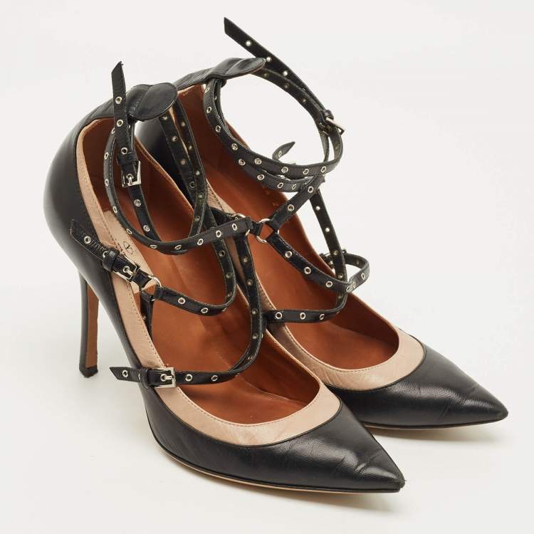 Pre Owned Valentino Love Latch Size 39 Black/Beige Leather Ankle Wrap Pumps
