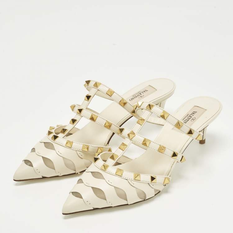 Pre Owned Valentino Rockstud Wave Size 37.5 Beige Leather Mules