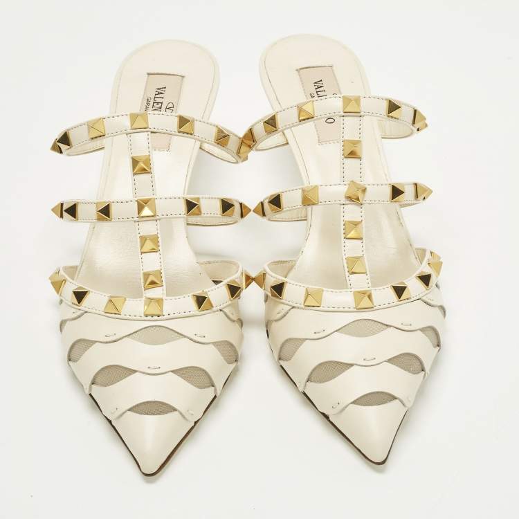 Pre Owned Valentino Rockstud Wave Size 37.5 Beige Leather Mules