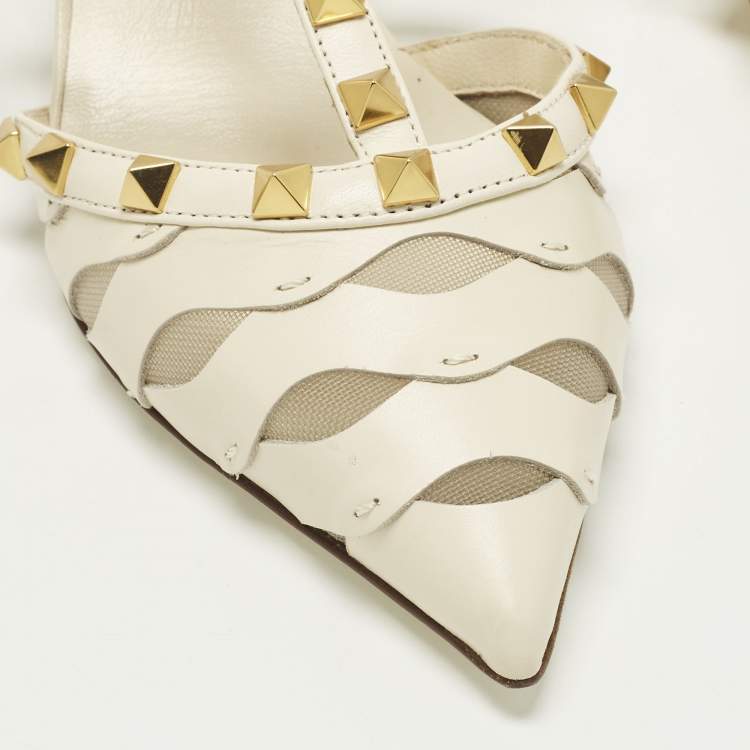 Pre Owned Valentino Rockstud Wave Size 37.5 Beige Leather Mules