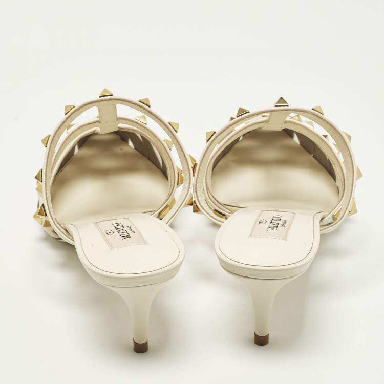 Pre Owned Valentino Rockstud Wave Size 37.5 Beige Leather Mules