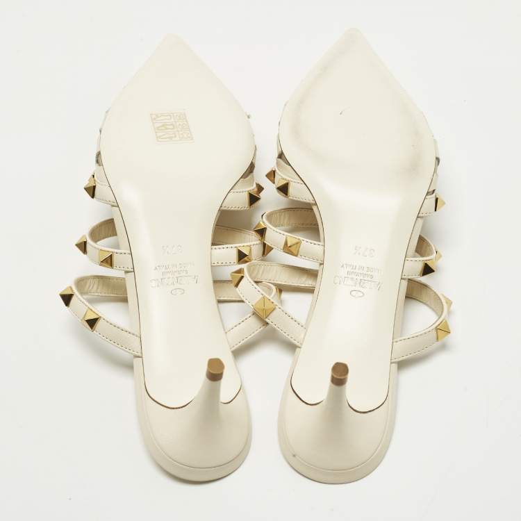 Pre Owned Valentino Rockstud Wave Size 37.5 Beige Leather Mules