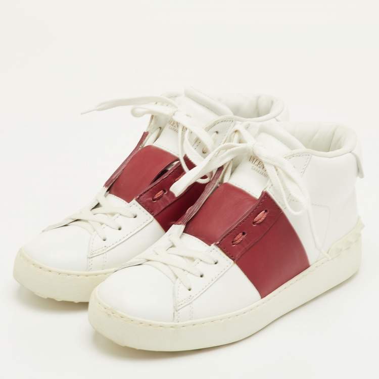 Pre Owned Valentino Size 38 White/Burgundy Leather Open Lace Up High Top Sneakers