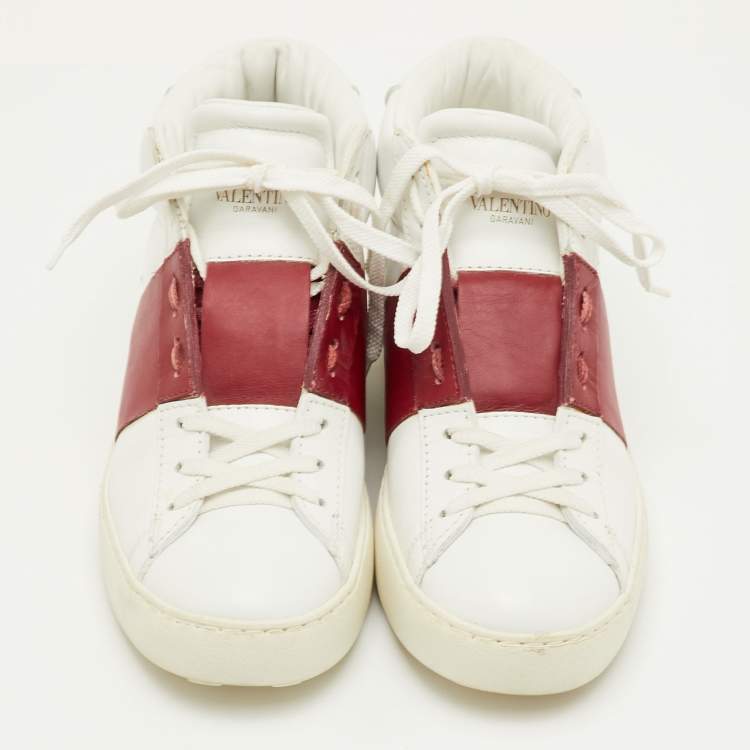 Pre Owned Valentino Size 38 White/Burgundy Leather Open Lace Up High Top Sneakers