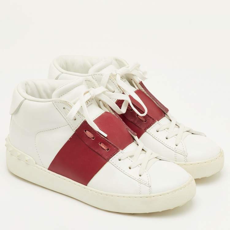 Pre Owned Valentino Size 38 White/Burgundy Leather Open Lace Up High Top Sneakers