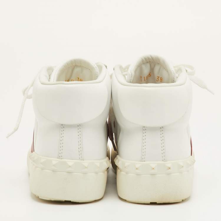 Pre Owned Valentino Size 38 White/Burgundy Leather Open Lace Up High Top Sneakers