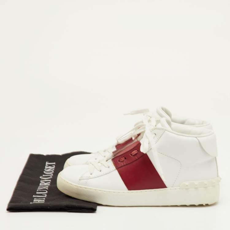 Pre Owned Valentino Size 38 White/Burgundy Leather Open Lace Up High Top Sneakers