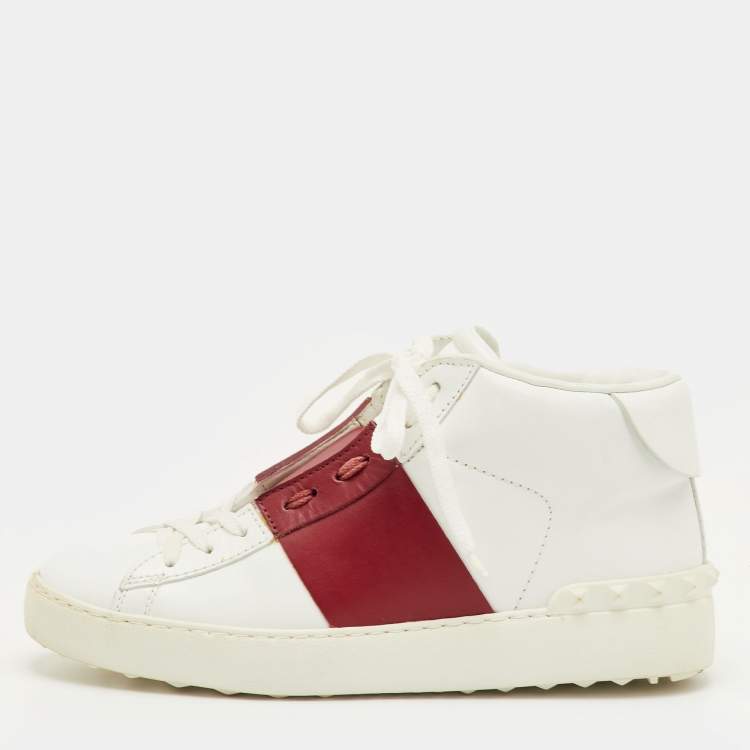 Pre Owned Valentino Size 38 White/Burgundy Leather Open Lace Up High Top Sneakers