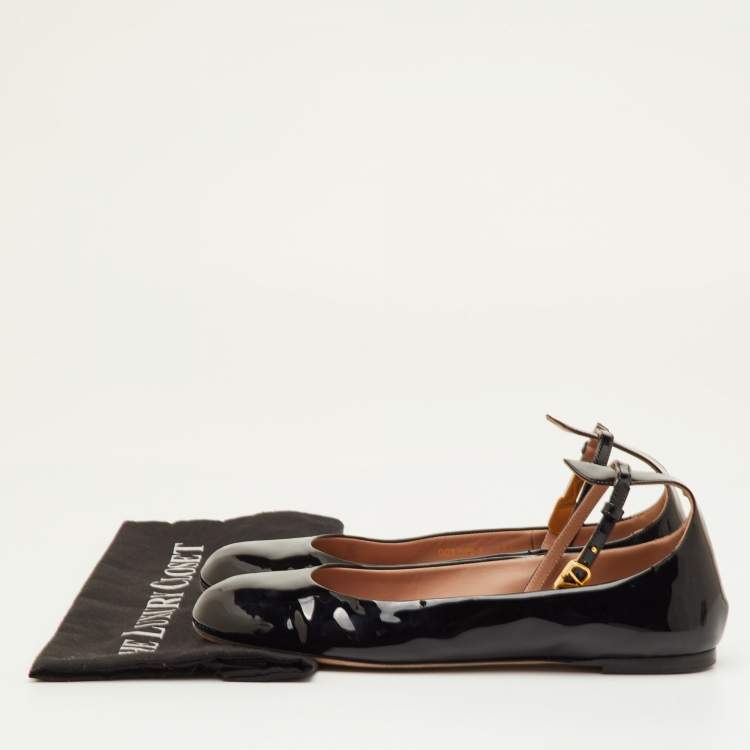 Pre Owned Valentino Tan-Go Size 39.5 Black Patent Leather Ankle Strap Ballet Flats