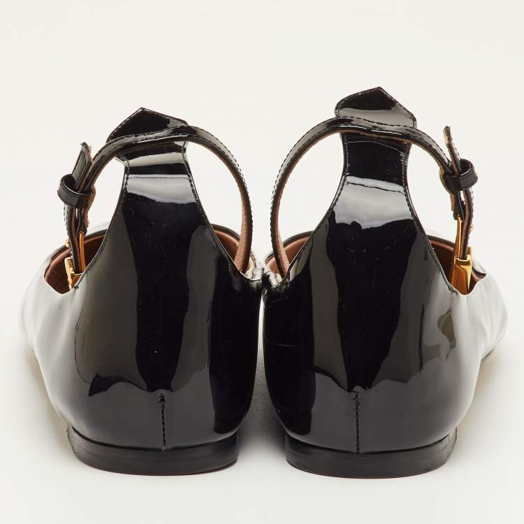Pre Owned Valentino Tan-Go Size 39.5 Black Patent Leather Ankle Strap Ballet Flats