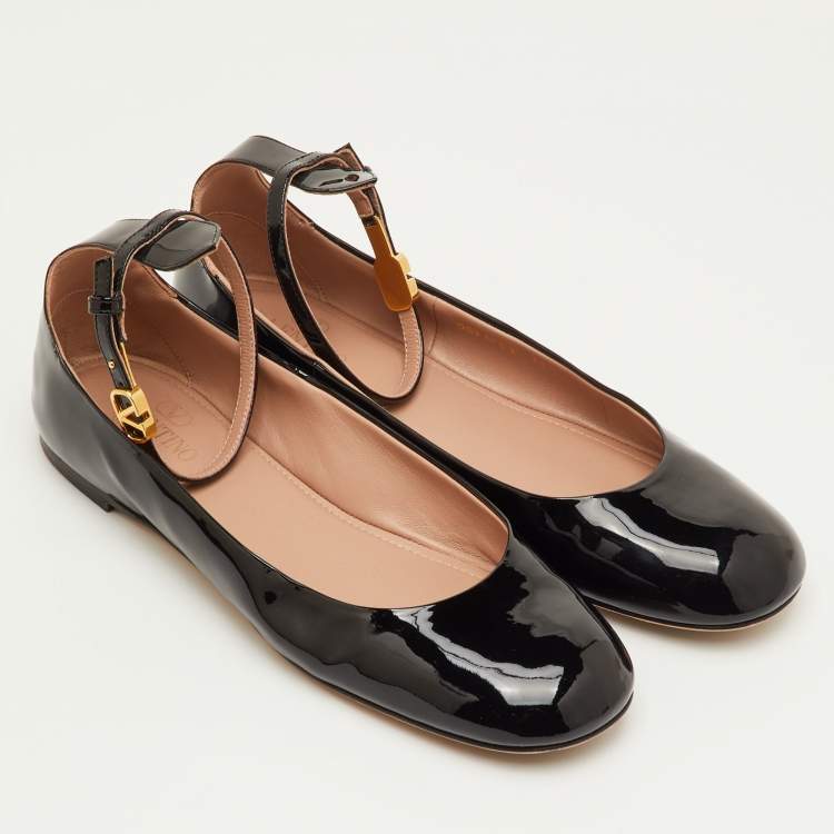 Pre Owned Valentino Tan-Go Size 39.5 Black Patent Leather Ankle Strap Ballet Flats