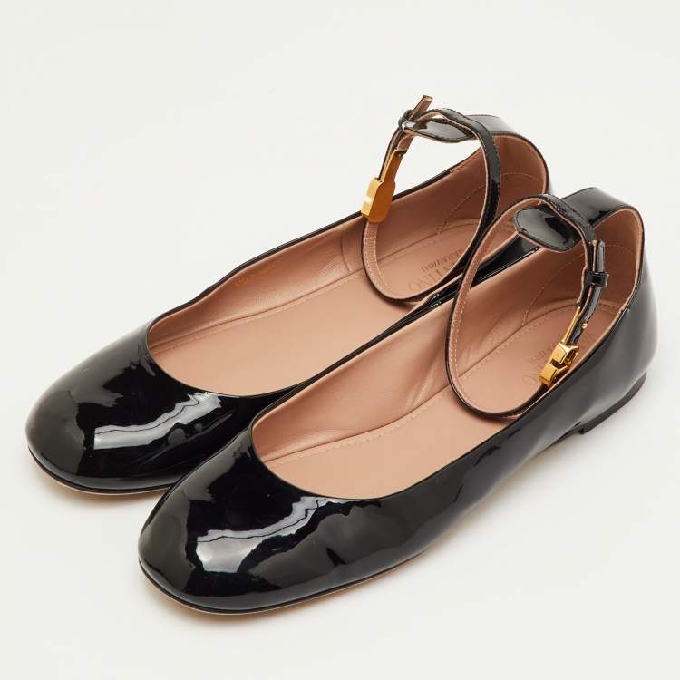 Pre Owned Valentino Tan-Go Size 39.5 Black Patent Leather Ankle Strap Ballet Flats