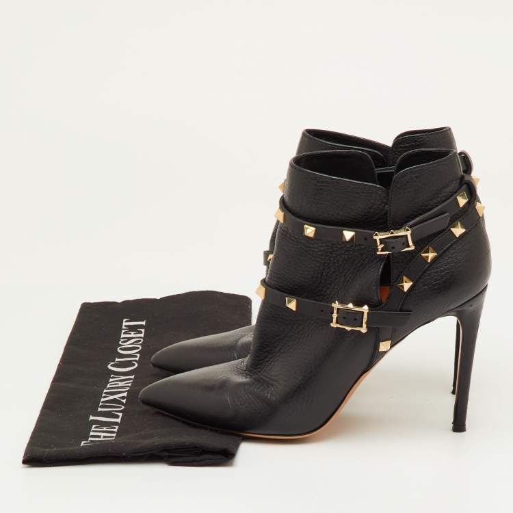 مملوكة مسبقًا Valentino Rockstud Size 40 Black Leather Pointed Toe Ankle Length Boots
