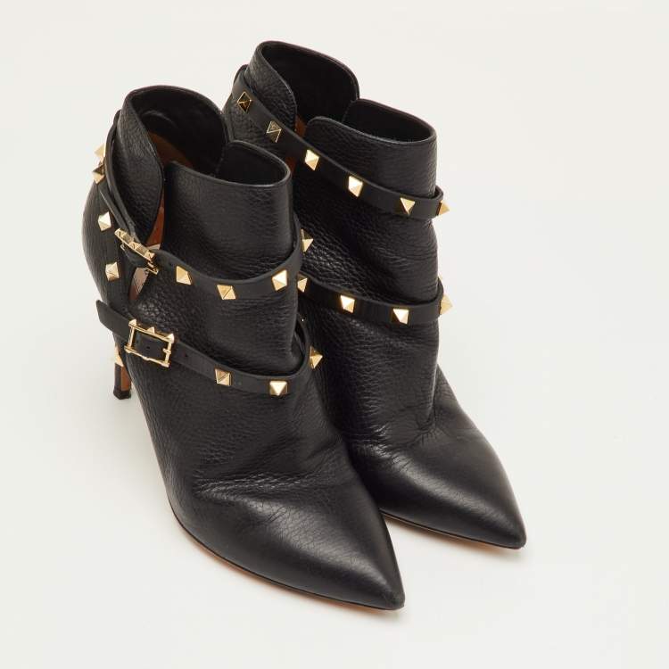 مملوكة مسبقًا Valentino Rockstud Size 40 Black Leather Pointed Toe Ankle Length Boots