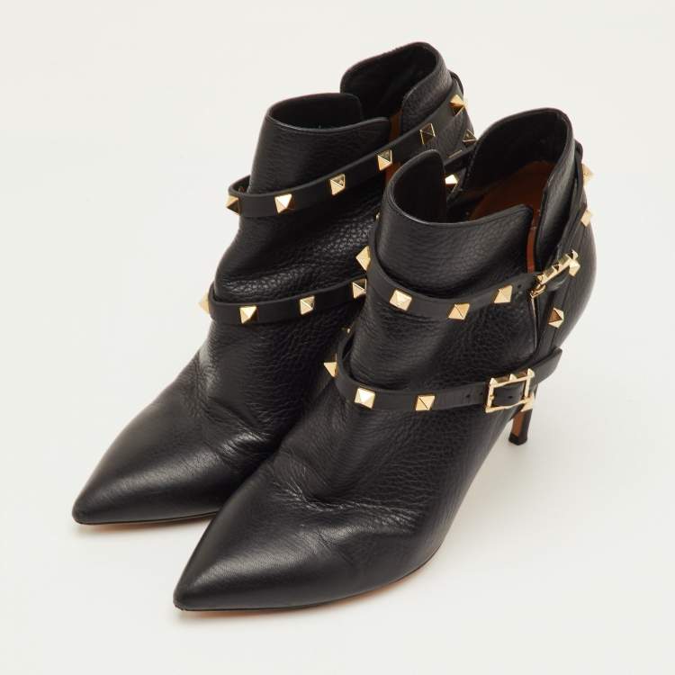 مملوكة مسبقًا Valentino Rockstud Size 40 Black Leather Pointed Toe Ankle Length Boots