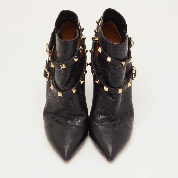 مملوكة مسبقًا Valentino Rockstud Size 40 Black Leather Pointed Toe Ankle Length Boots