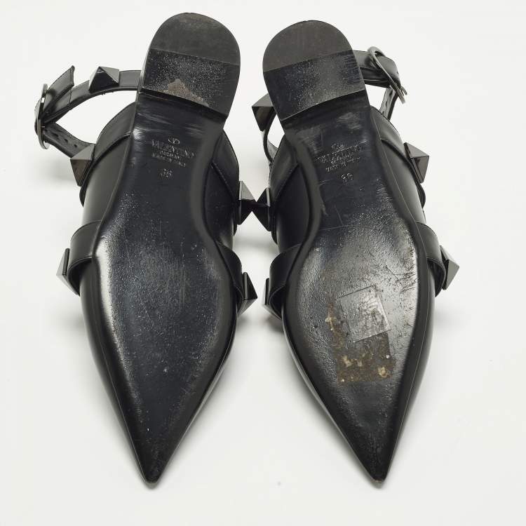 Pre Owned Valentino Roman Stud Size 36 Black Leather Ankle Strap Flats