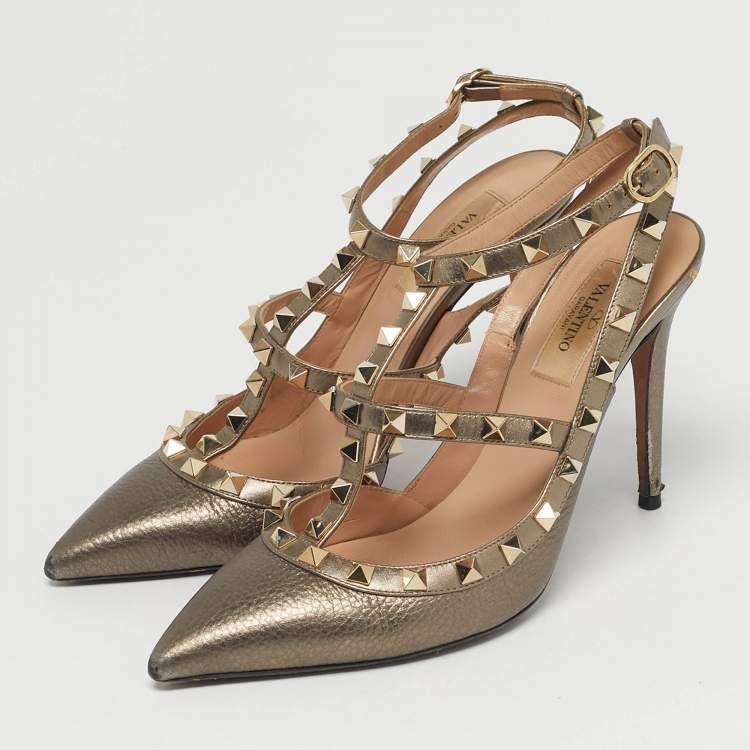 Pre Owned Valentino Rockstud Size 38 Metallic Leather Pumps