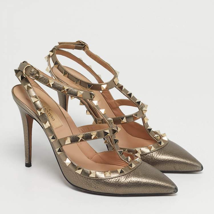 Pre Owned Valentino Rockstud Size 38 Metallic Leather Pumps