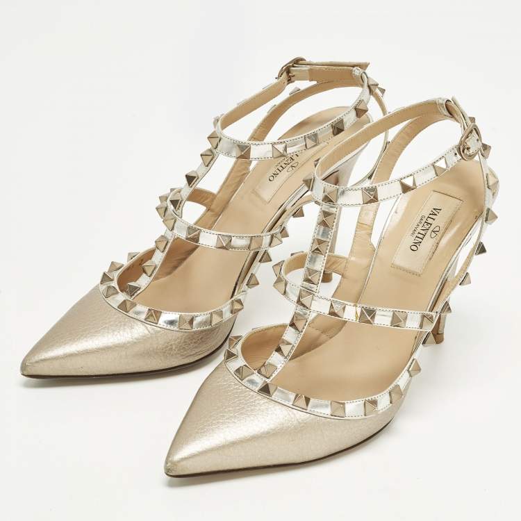 مملوكة مسبقًا Valentino Rockstud Size 38 Metallic Leather Ankle Strap Pumps