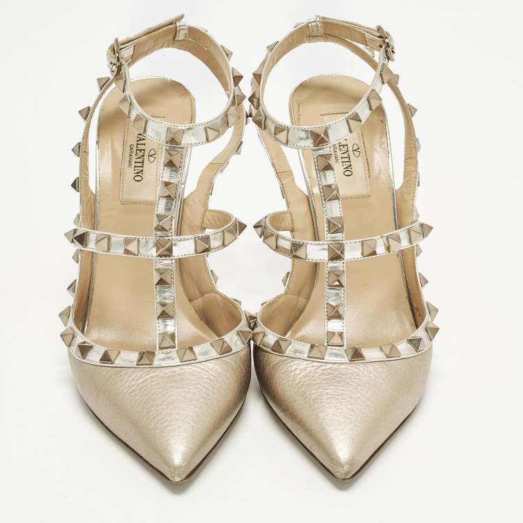 مملوكة مسبقًا Valentino Rockstud Size 38 Metallic Leather Ankle Strap Pumps