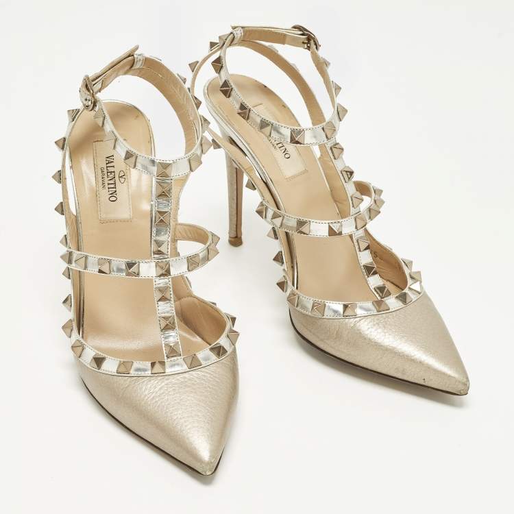 مملوكة مسبقًا Valentino Rockstud Size 38 Metallic Leather Ankle Strap Pumps