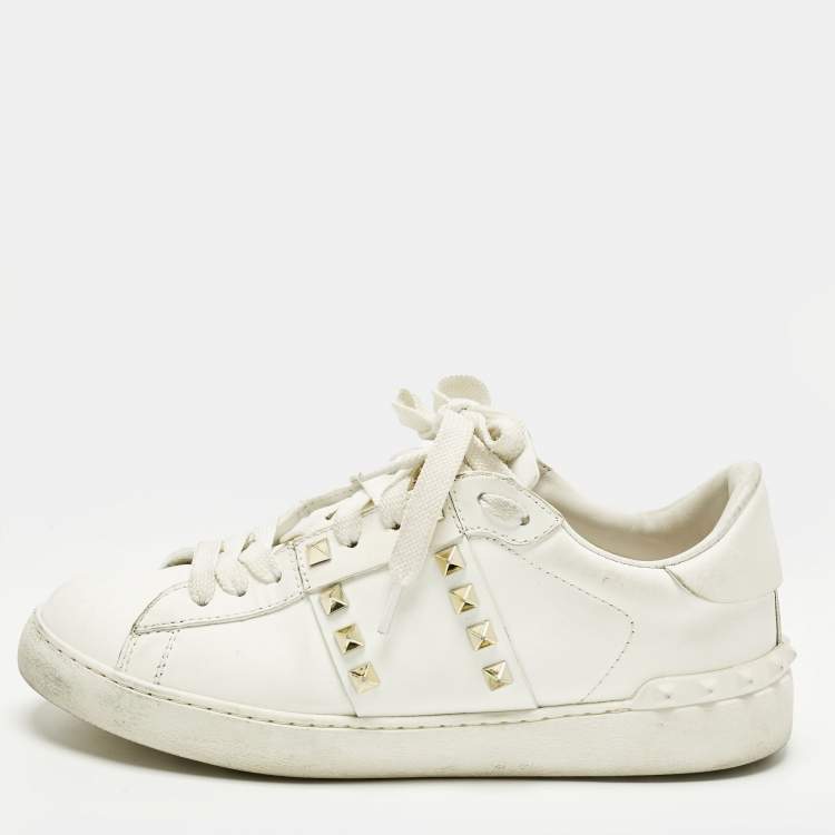 Pre Owned Valentino Rockstud Size 38 White Leather Lace Up Sneakers