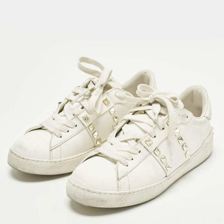 Pre Owned Valentino Rockstud Size 38 White Leather Lace Up Sneakers