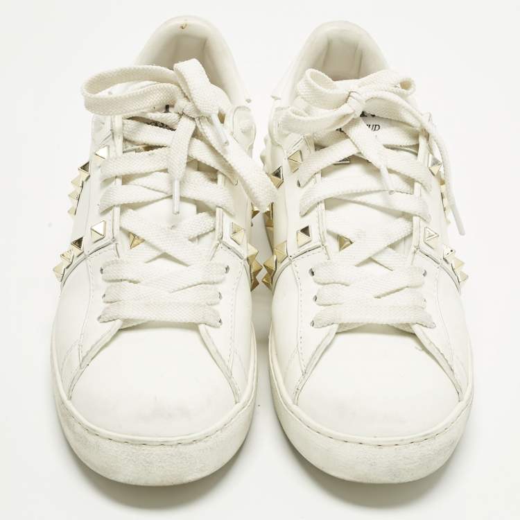 Pre Owned Valentino Rockstud Size 38 White Leather Lace Up Sneakers