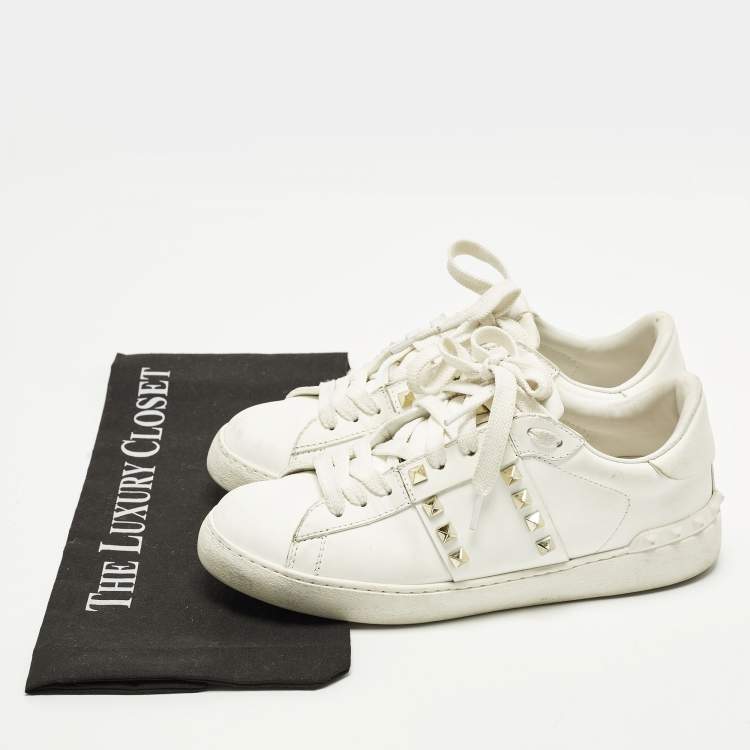 Pre Owned Valentino Rockstud Size 38 White Leather Lace Up Sneakers