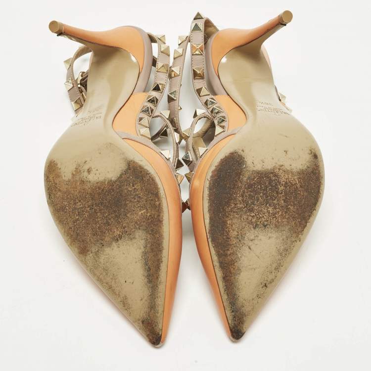 Pre Owned Valentino Rockstud Size 38.5 Beige/Orange Leather Pumps