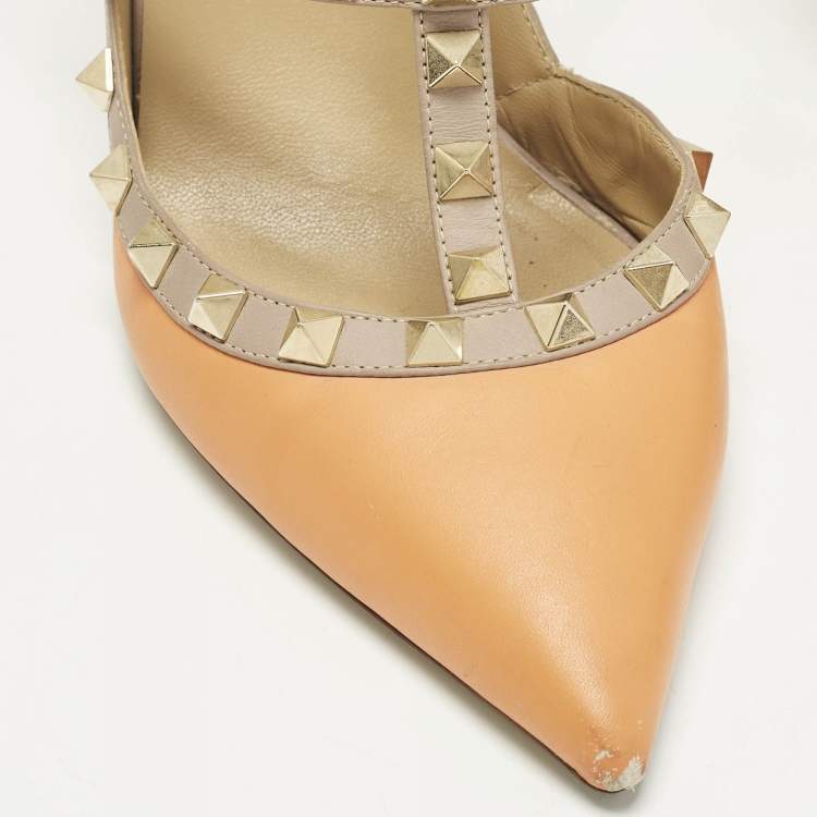Pre Owned Valentino Rockstud Size 38.5 Beige/Orange Leather Pumps