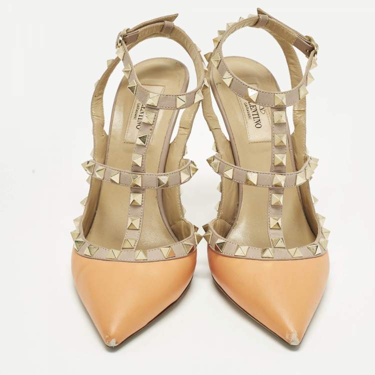 Pre Owned Valentino Rockstud Size 38.5 Beige/Orange Leather Pumps