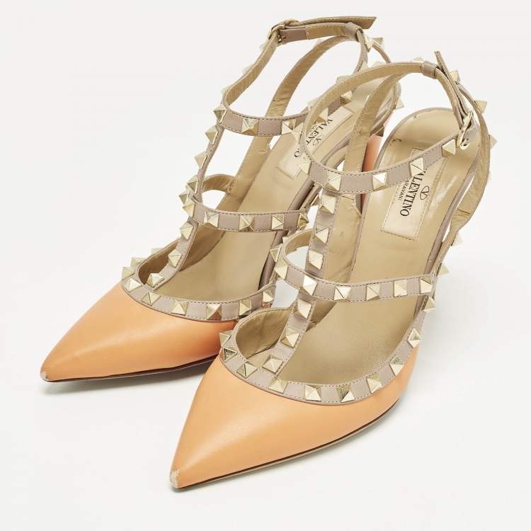 Pre Owned Valentino Rockstud Size 38.5 Beige/Orange Leather Pumps