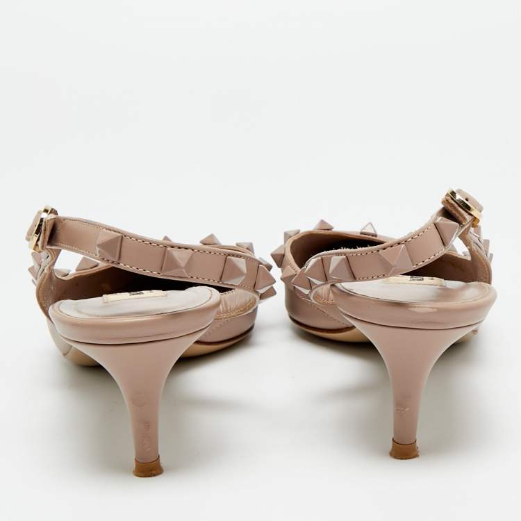 Pre Owned Valentino Rockstud Size 37 Beige Leather Slingback Pumps