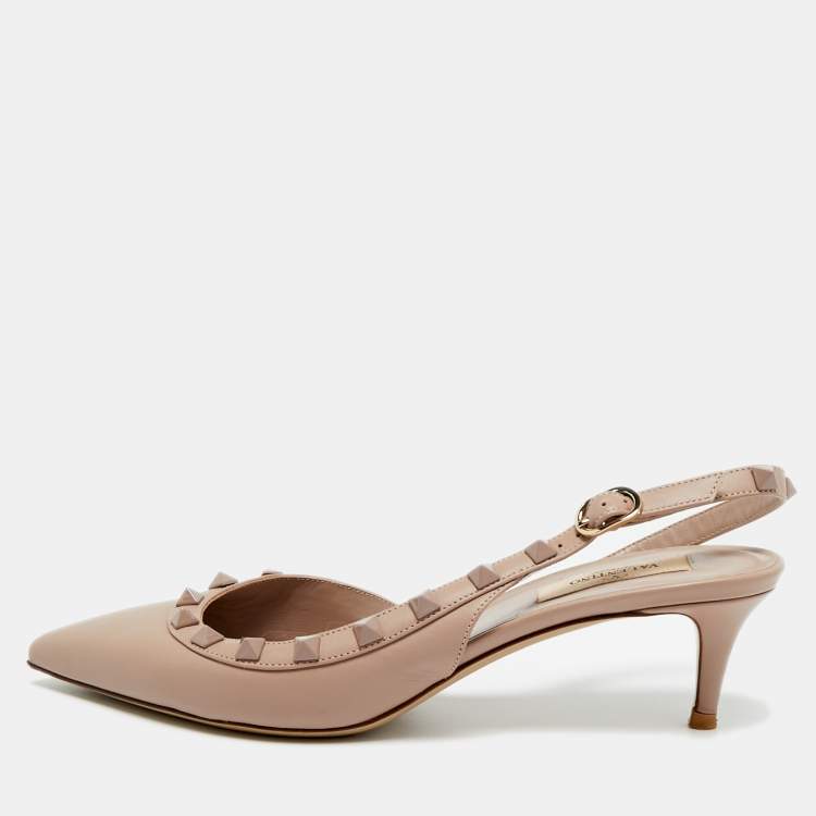 Pre Owned Valentino Rockstud Size 37 Beige Leather Slingback Pumps