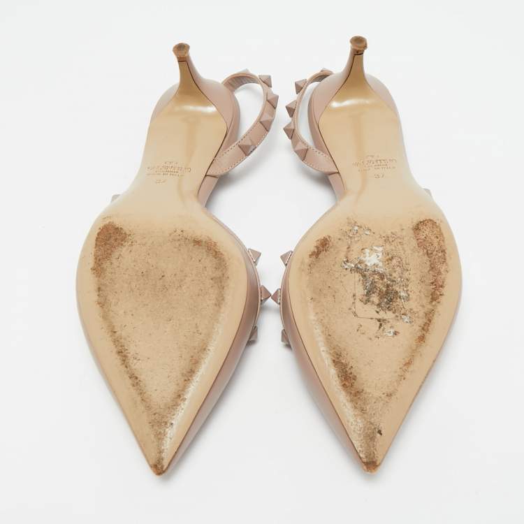 Pre Owned Valentino Rockstud Size 37 Beige Leather Slingback Pumps