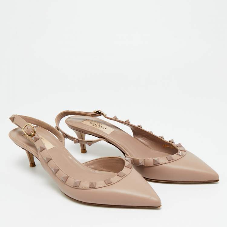 Pre Owned Valentino Rockstud Size 37 Beige Leather Slingback Pumps