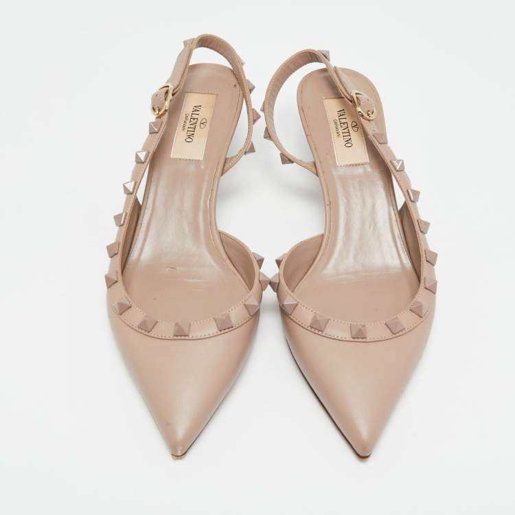 Pre Owned Valentino Rockstud Size 37 Beige Leather Slingback Pumps