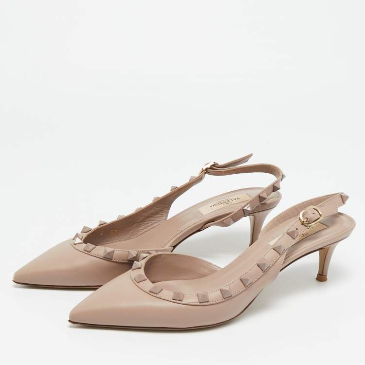 Pre Owned Valentino Rockstud Size 37 Beige Leather Slingback Pumps