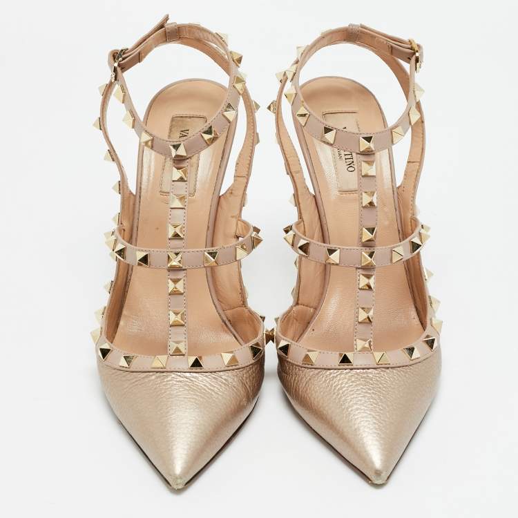 Pre Owned Valentino Rockstud Size 41 Gold/Beige Leather Pumps