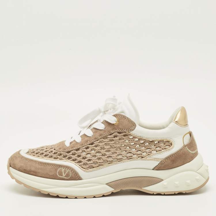 Pre Owned Valentino Ready Go Size 39 White/Brown Leather and Suede Low Top Sneakers