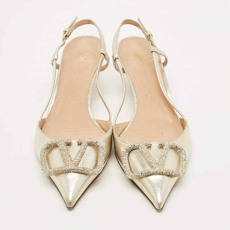 Pre Owned Valentino VLogo Size 36 Metallic Leather VLogo Signature Slingback Pumps