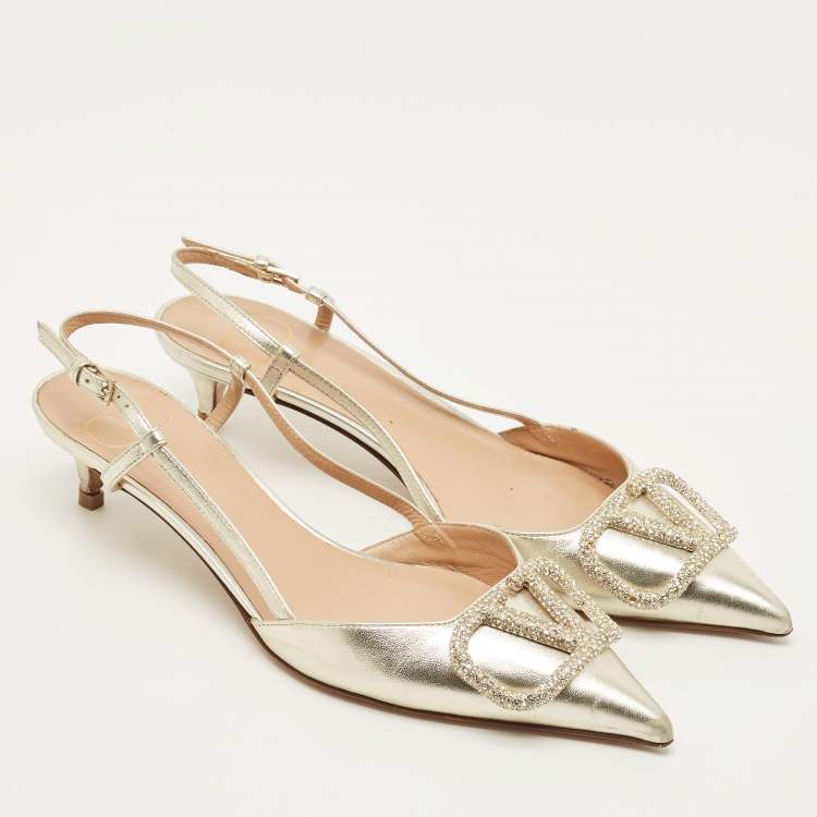 Pre Owned Valentino VLogo Size 36 Metallic Leather VLogo Signature Slingback Pumps