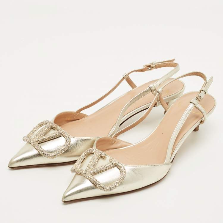Pre Owned Valentino VLogo Size 36 Metallic Leather VLogo Signature Slingback Pumps