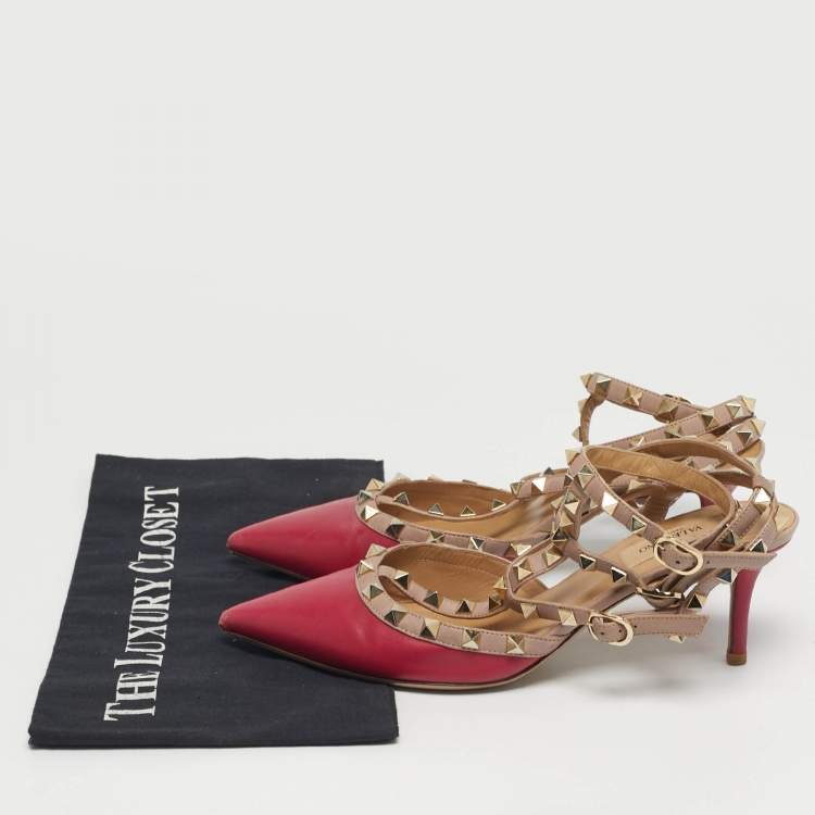 Pre Owned Valentino Rockstud Size 38.5 Beige/Purple Ankle Strap Leather Pumps