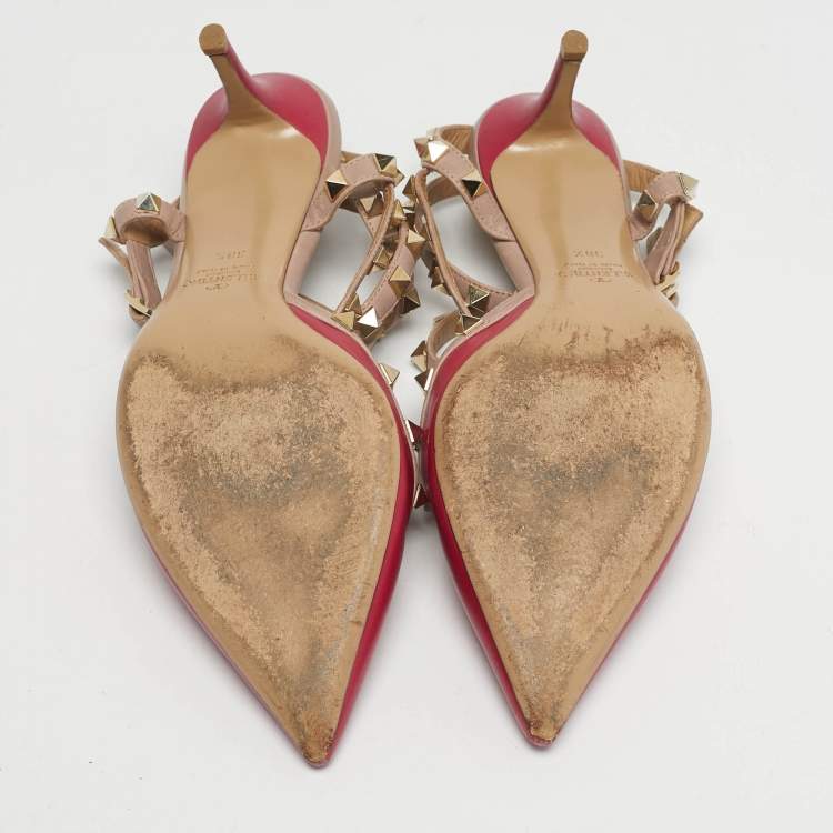 Pre Owned Valentino Rockstud Size 38.5 Beige/Purple Ankle Strap Leather Pumps