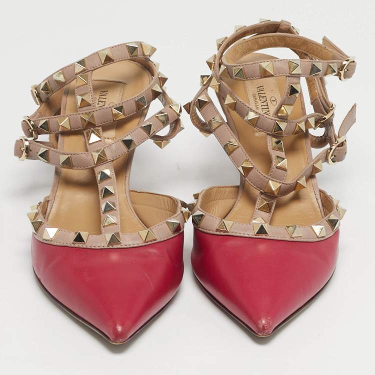 Pre Owned Valentino Rockstud Size 38.5 Beige/Purple Ankle Strap Leather Pumps